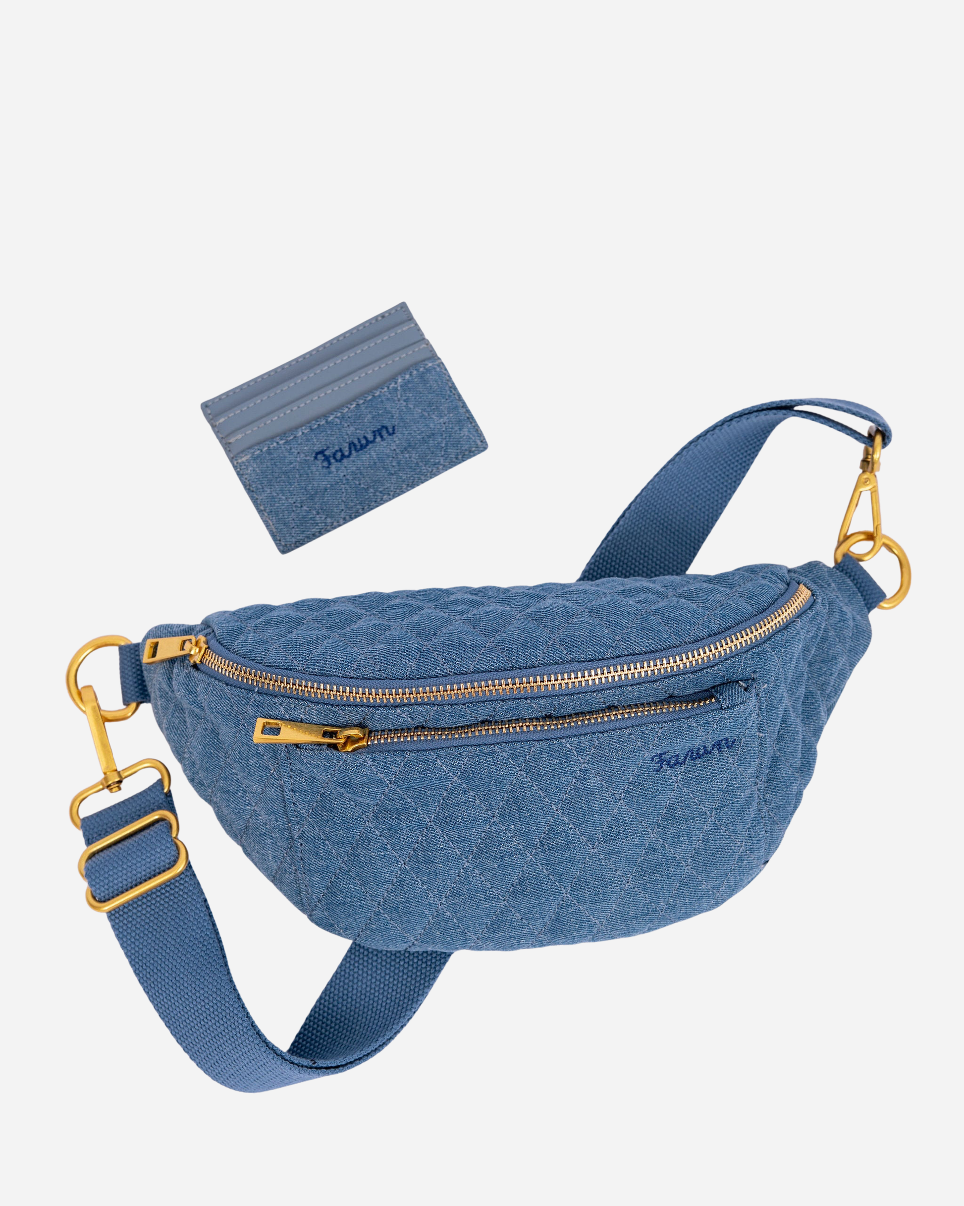 Blue denim Fawny Pack with matching cardholder on a white background