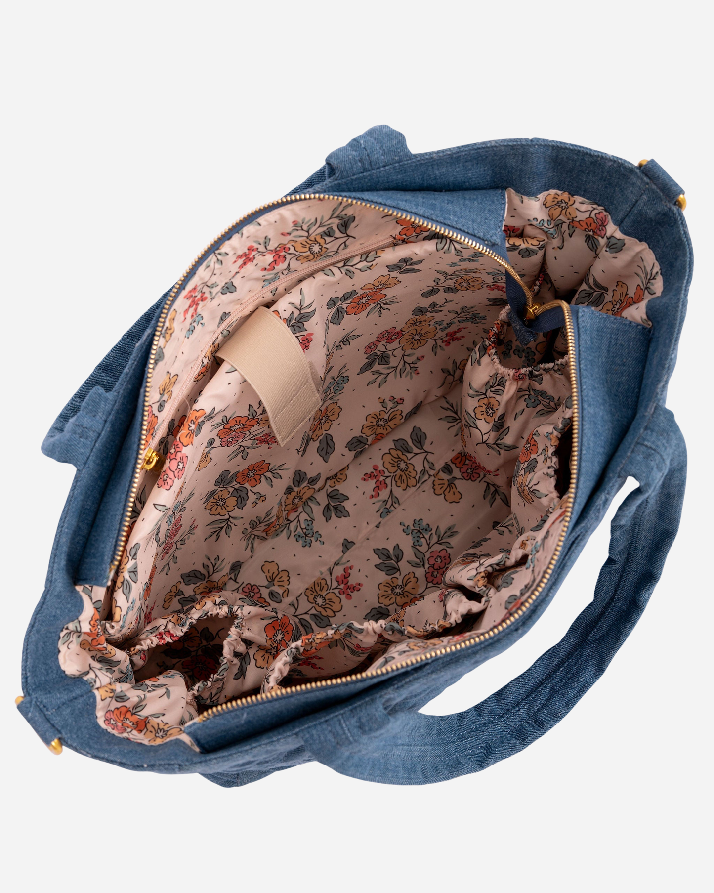 Denim bag with floral interior on a white background