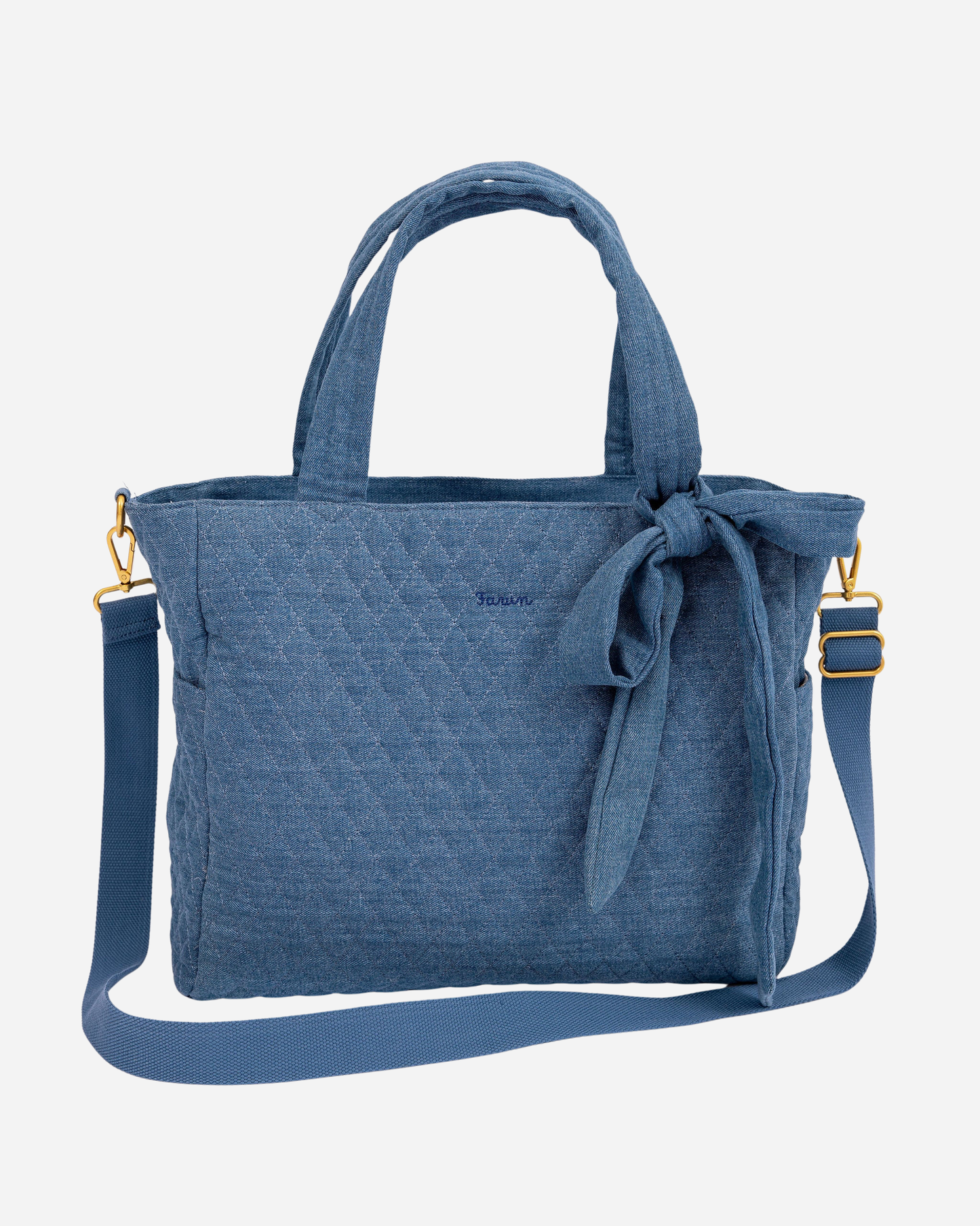 denim tote bag with a strap on a white background