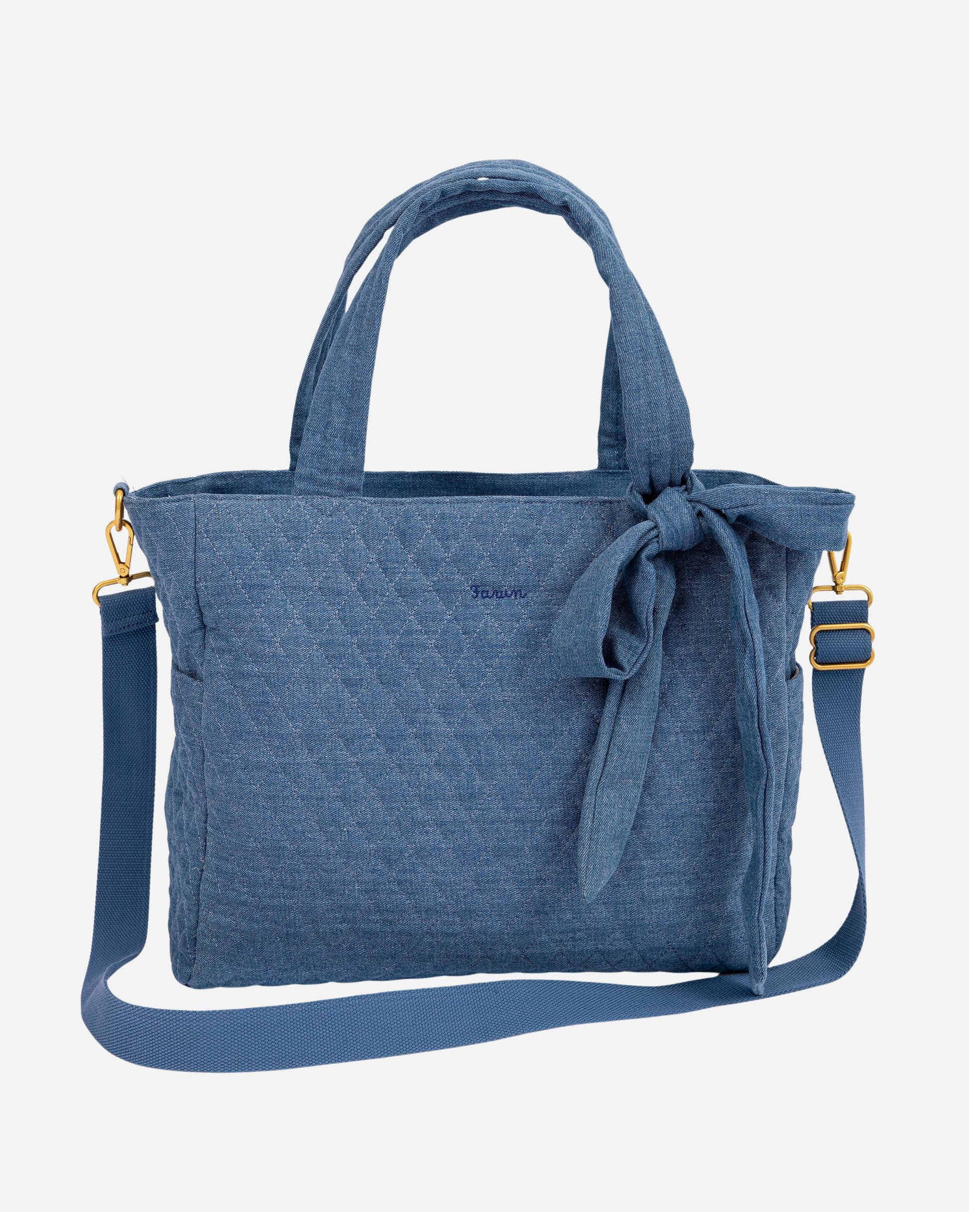 denim tote bag with a strap on a white background