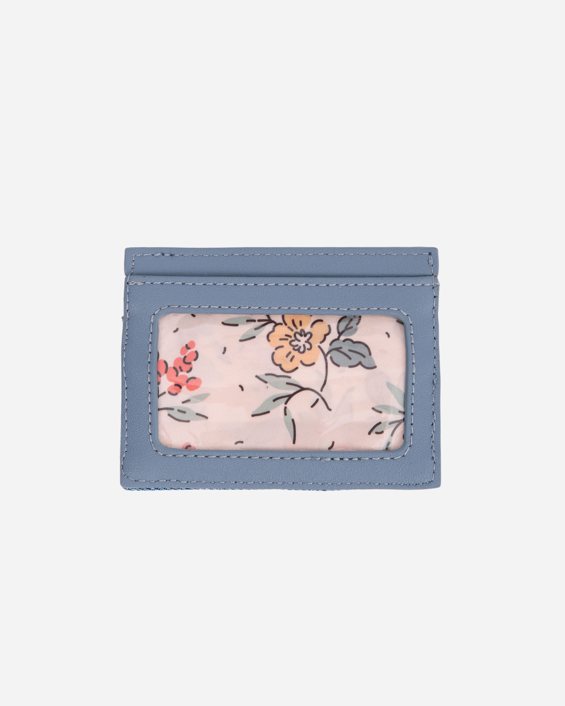 Floral cardholder with a blue border on a light gray background