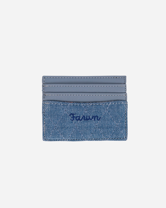 Blue cardholder with 'FAWN' branding on a white background