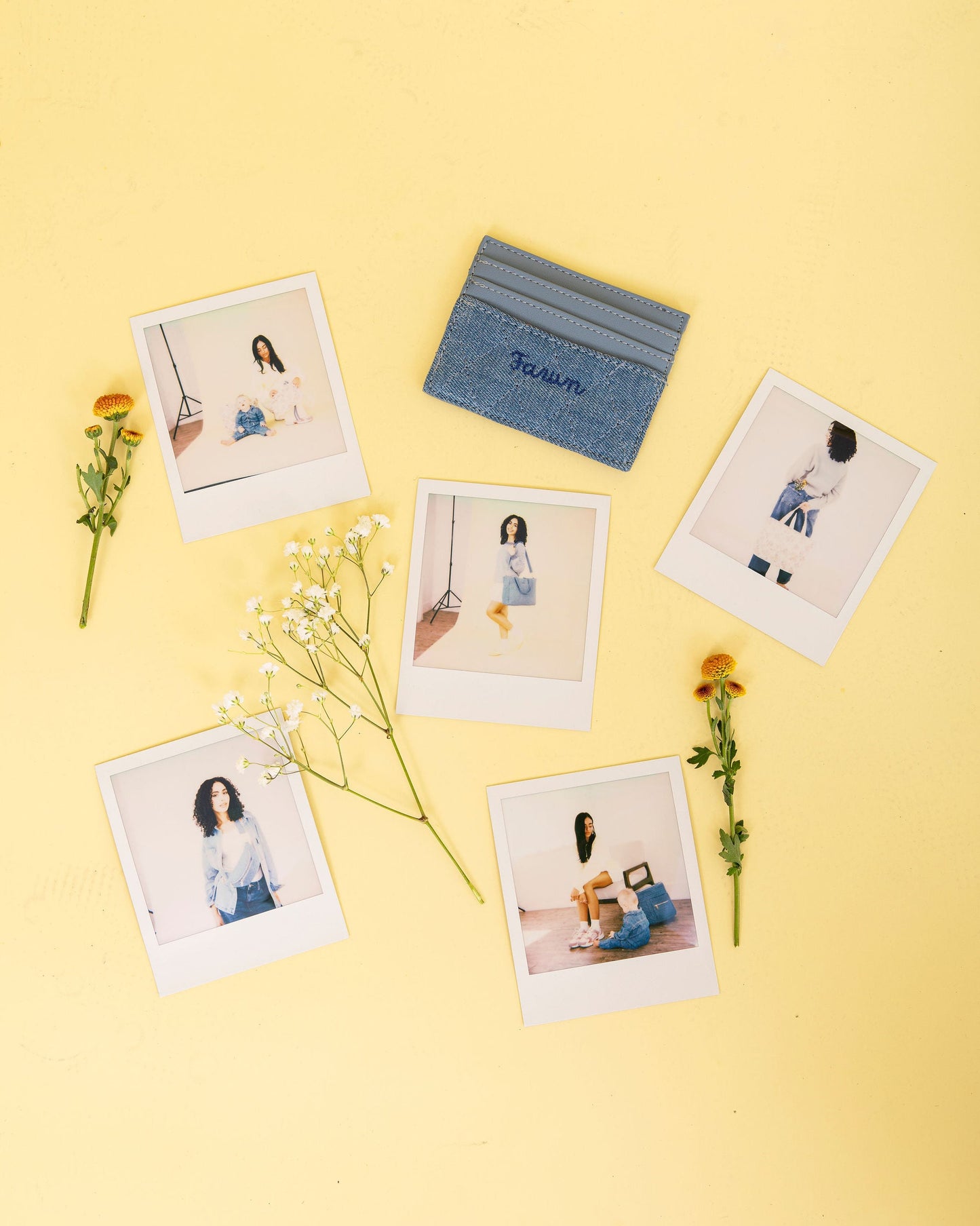 Polaroid photos of a woman on a yellow background with a card and flowers.