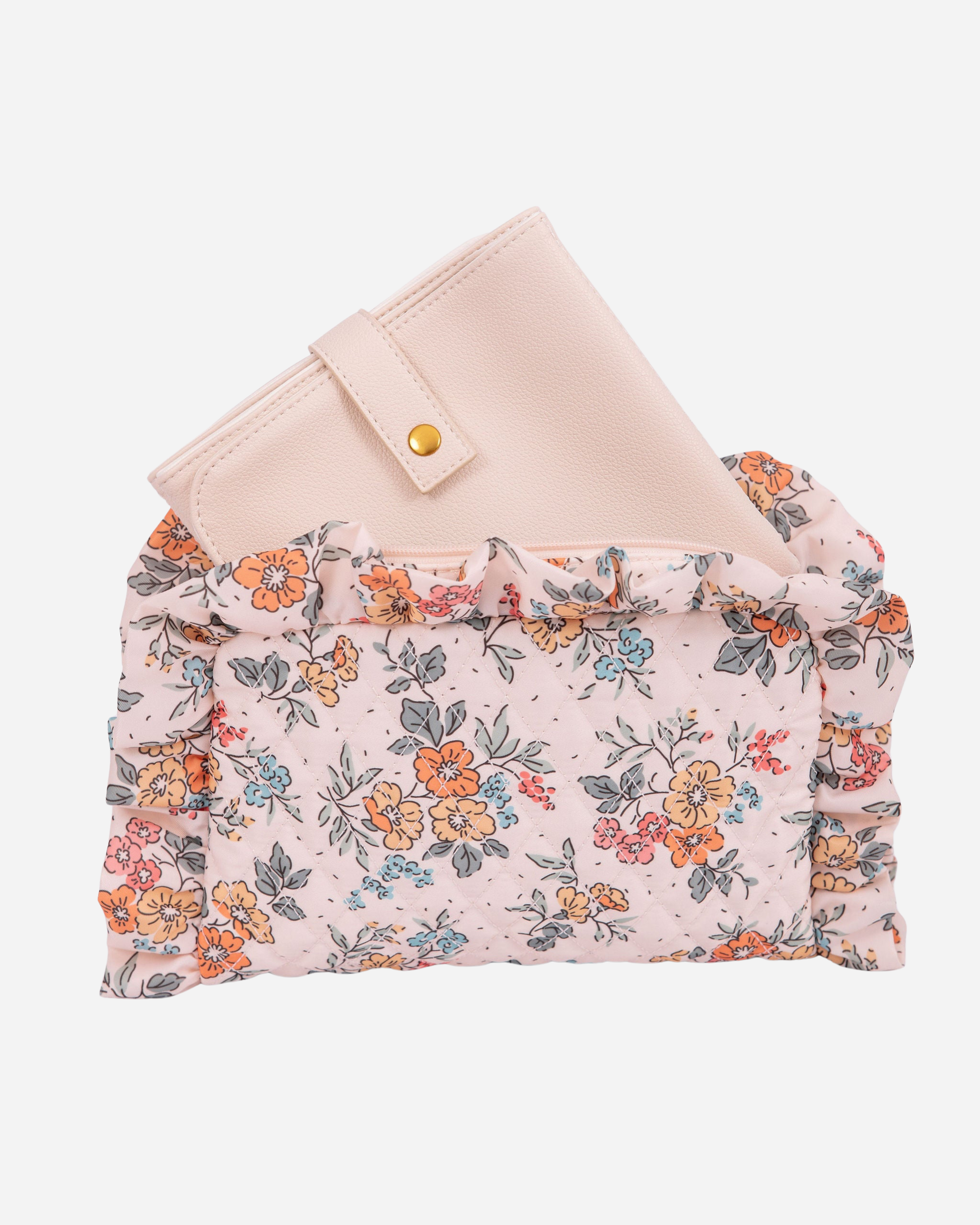 Floral-patterned pouch with a plain cream mat on a white background