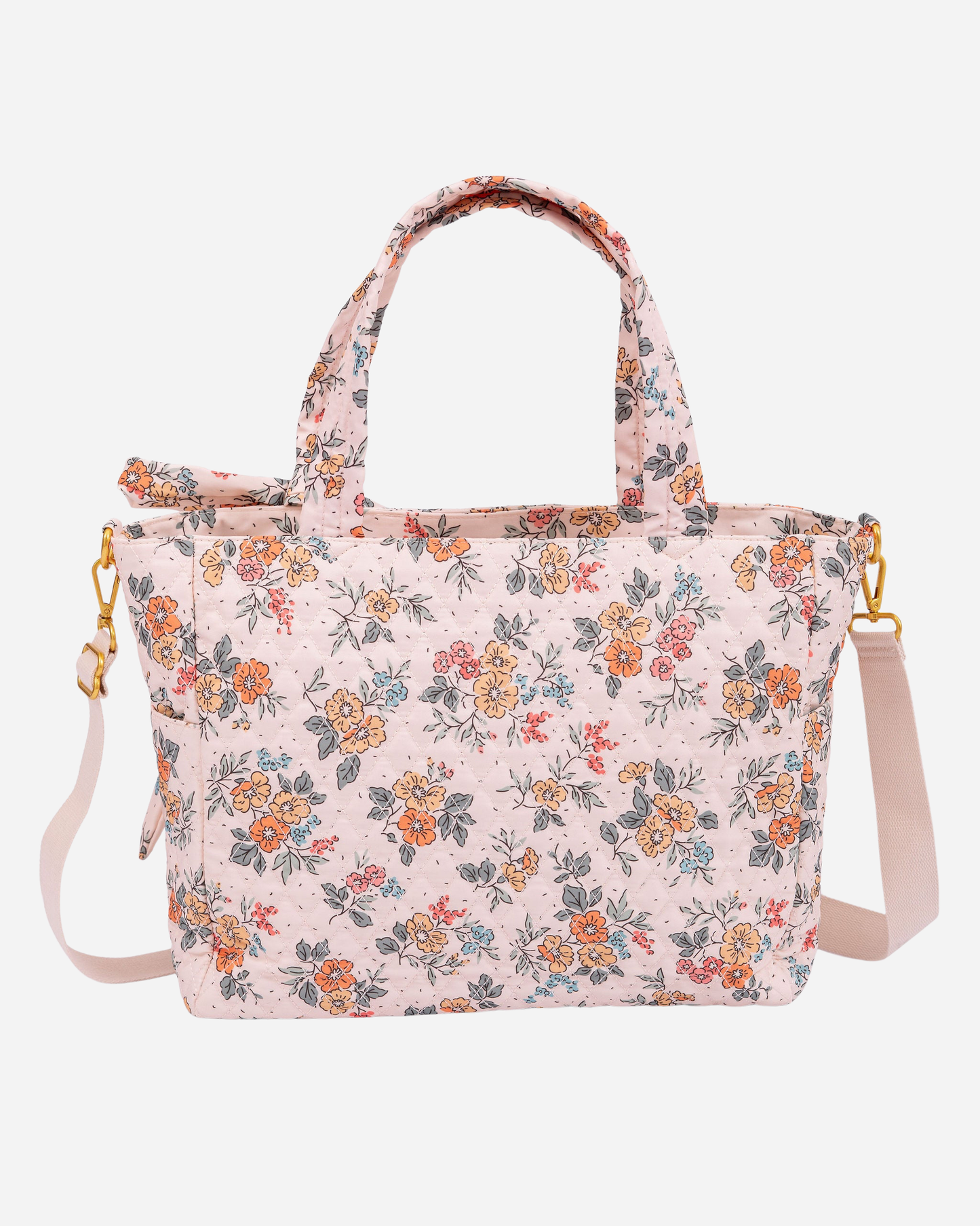 Floral patterned handbag on a white background
