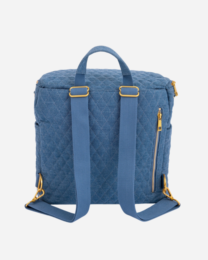 Blue quilted bag with gold zippers on a white background