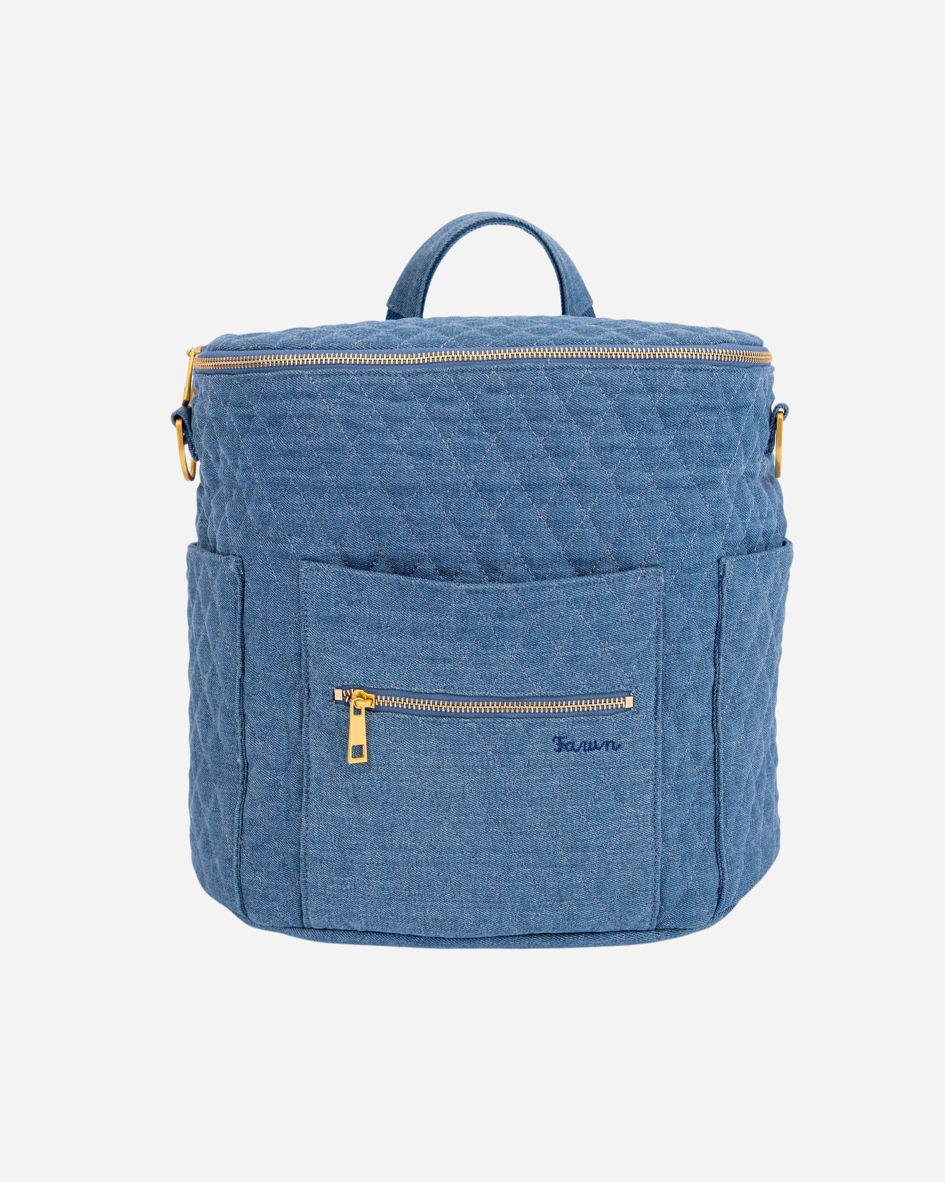 Blue denim backpack with gold zippers on a white background