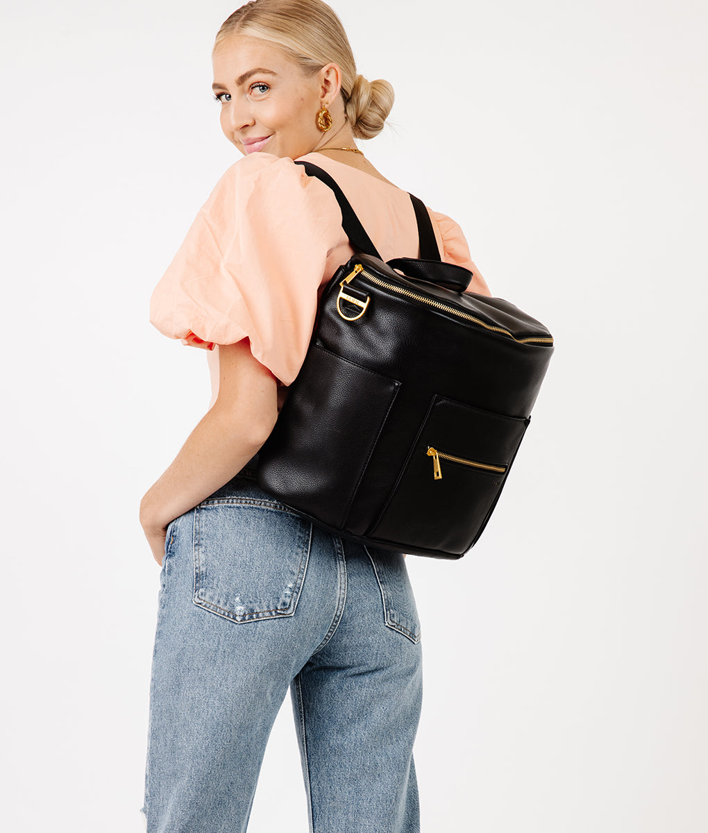 black leather backpack diaper bag Fawn Design The Original Diaper Bag