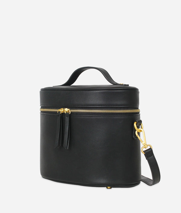 The Desi Cosmetic Bag | Black Poppy Fields Fabric | Black Bonded Leather